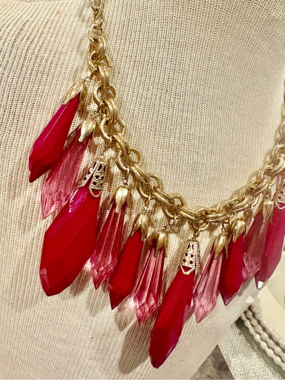 Gold Chain Statement Necklace with Fuchsia and Light Pink Crystal Drops - Picture 3 of 14